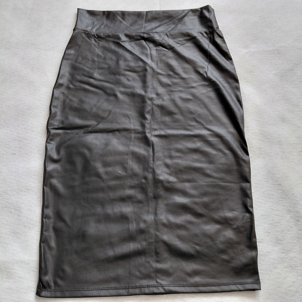 Simlu Black Faux Leather Pencil Skirt Large Back Slit Stretch USA Office Romance